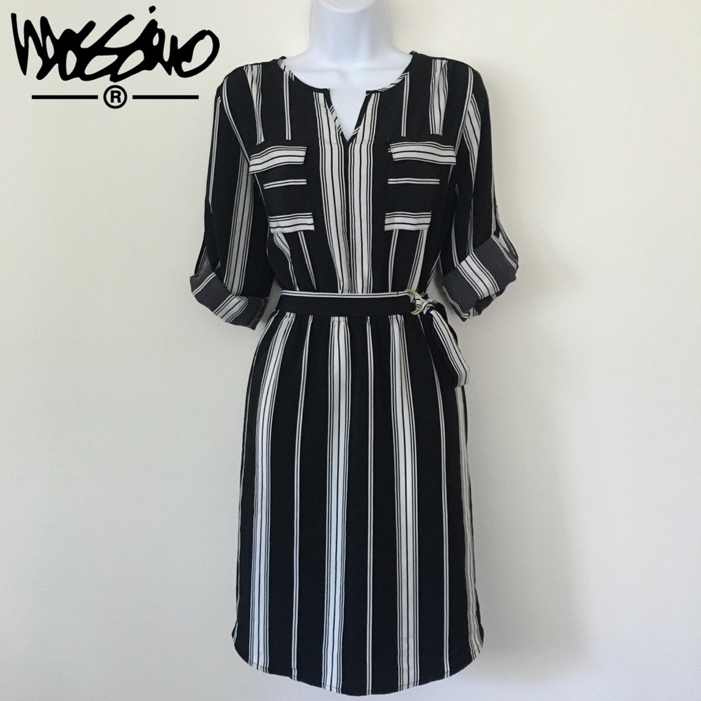 Mossimo Black & White Adjust. Sleeve Belted Dress
